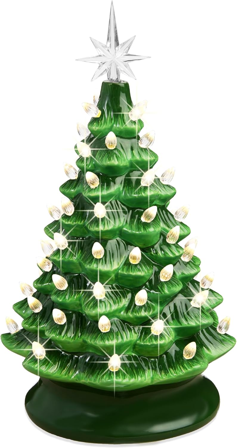 Best Choice Products 15in Ceramic Christmas Tree, Pre-lit Hand-Painted Tabletop Holiday Tree, Star Topper, 64 Lights - Green w/Multicolored Bulbs