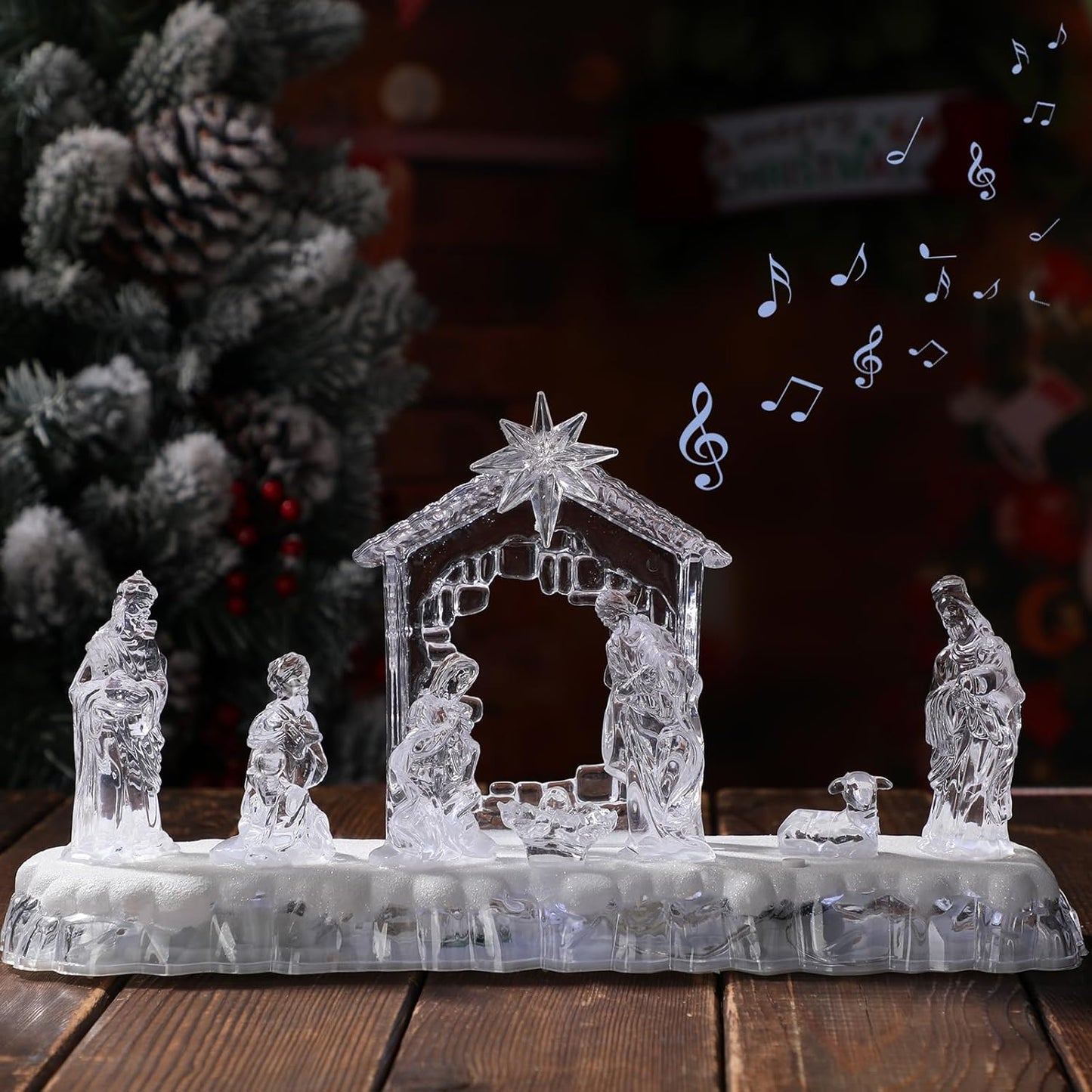 13 Inch Nativity Sets Indoor Decor for Christmas LED Acrylic Clear Lighted Musical Nativity Scene People Set Decorations for Xmas Home Table Shelf Christmas Religious Gift