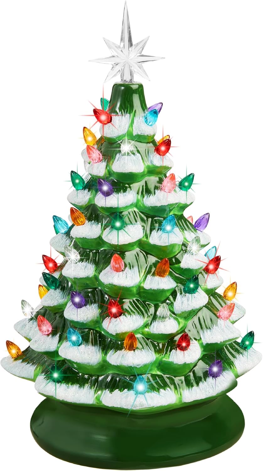 Best Choice Products 15in Ceramic Christmas Tree, Pre-lit Hand-Painted Tabletop Holiday Tree, Star Topper, 64 Lights - Green w/Multicolored Bulbs