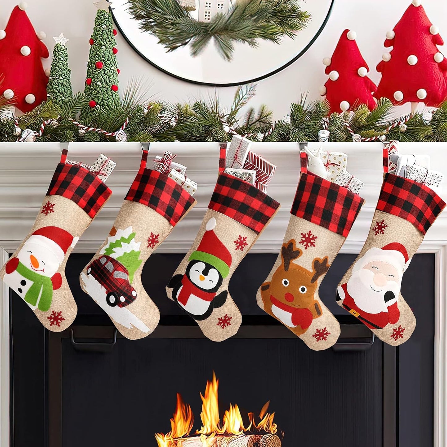 Christmas Stockings 4 Pack, 18'' Large Xmas Stockings with Santa Snowman Gnomes Pattern, Christmas Stockings for Family Stairs Fireplace Tree Hanging Home Decorations Party Season Decor
