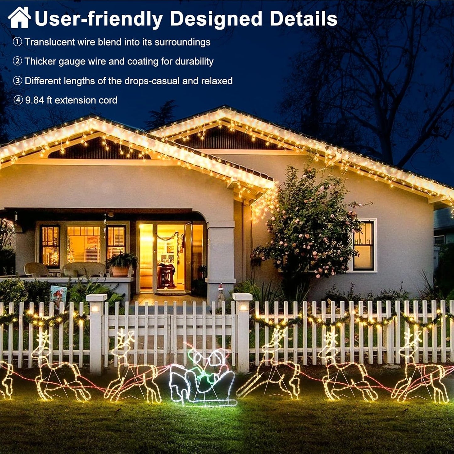 Warm White Christmas Lights Outdoor, 66ft 640 LED Icicle Lights for Outside House with Connectable Clear Wire 8 Modes Timer, Plug in Waterproof for Eaves Yard Party Indoor Holiday Decoration