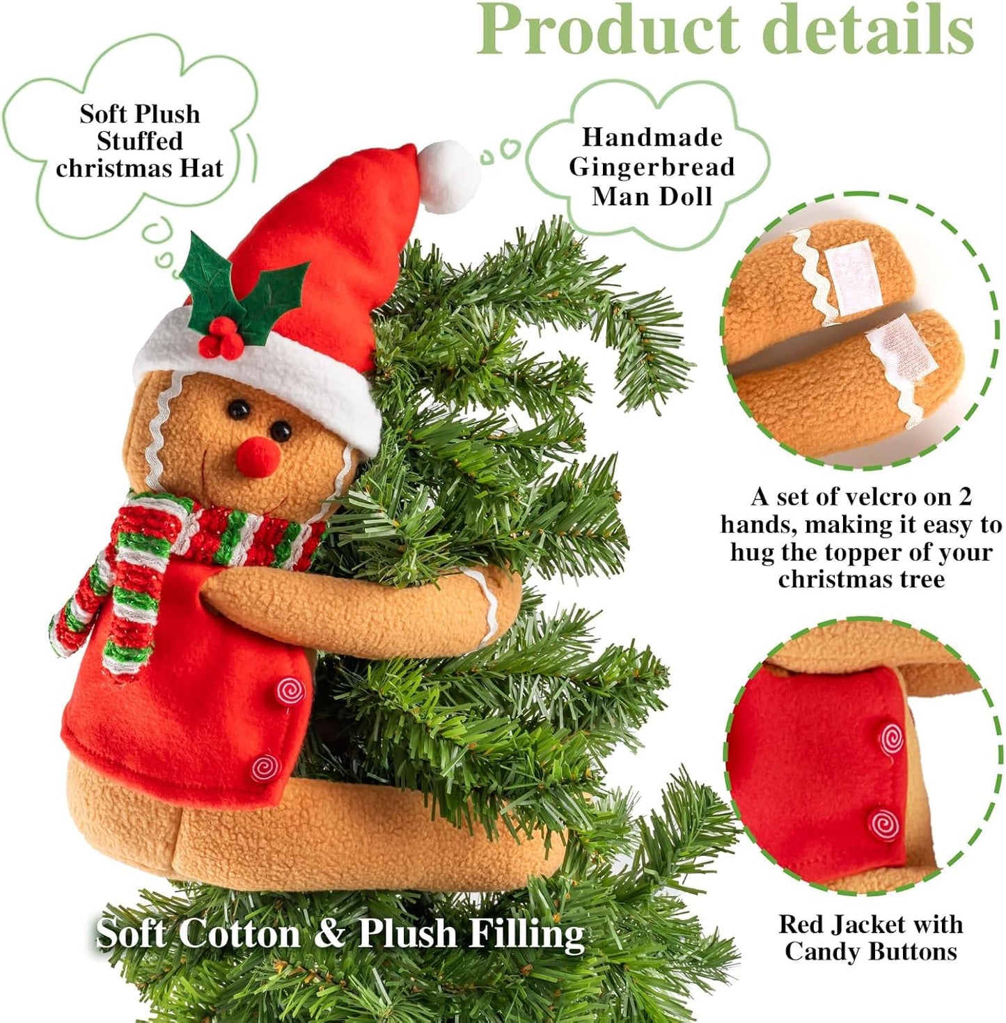 Gingerbread Christmas Tree Topper Decorations,Gingerbread Ornament Doll Tree Hugger Decor for Curtain Wine Bottle Christmas Tree Holiday Home Decor, 11" x 15"