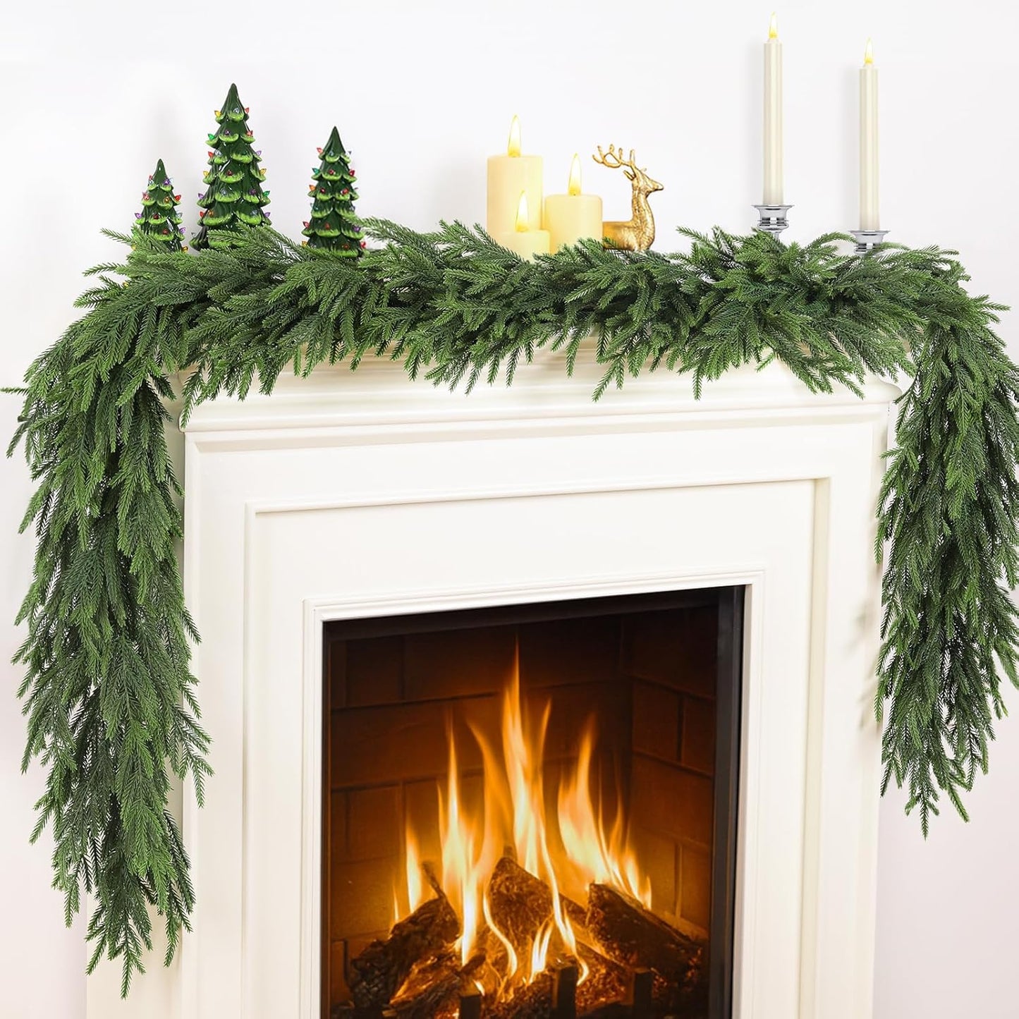 12FT(2 * 6FT) Christmas Norfolk Pine Garland, Real Touch Faux Green Garlands, Winter Artificial Greenery Garland for Mantle, Stairs, Table, Fireplace, Indoor & Outdoor Xmas Decorations