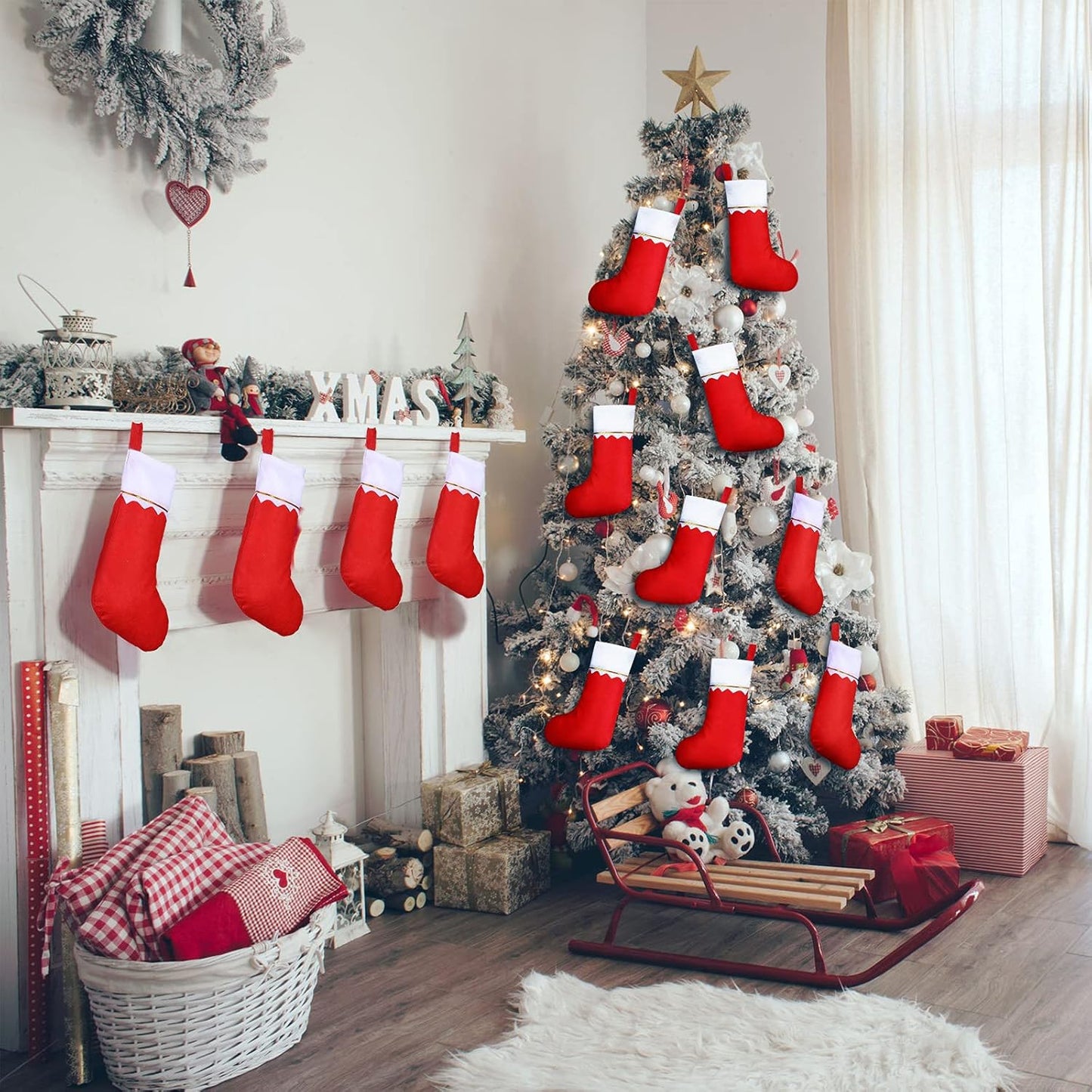 Sumind 100 Pieces Felt Christmas Stockings 15 Inch Party Favors Stockings Xmas Decoration Stockings Rustic Christmas Santa Stockings for Christmas (Red with White Trim)