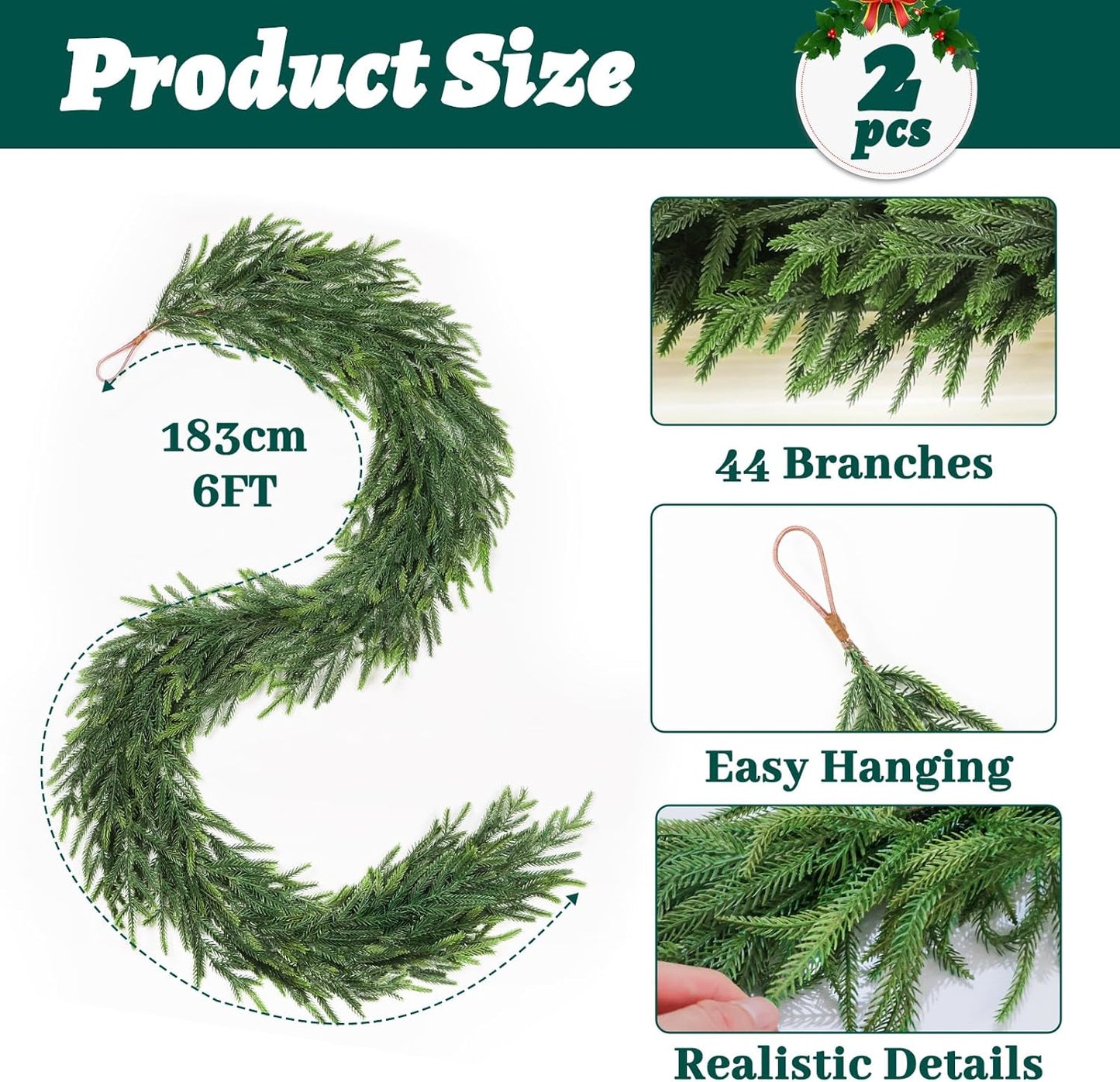 12FT(2 * 6FT) Christmas Norfolk Pine Garland, Real Touch Faux Green Garlands, Winter Artificial Greenery Garland for Mantle, Stairs, Table, Fireplace, Indoor & Outdoor Xmas Decorations