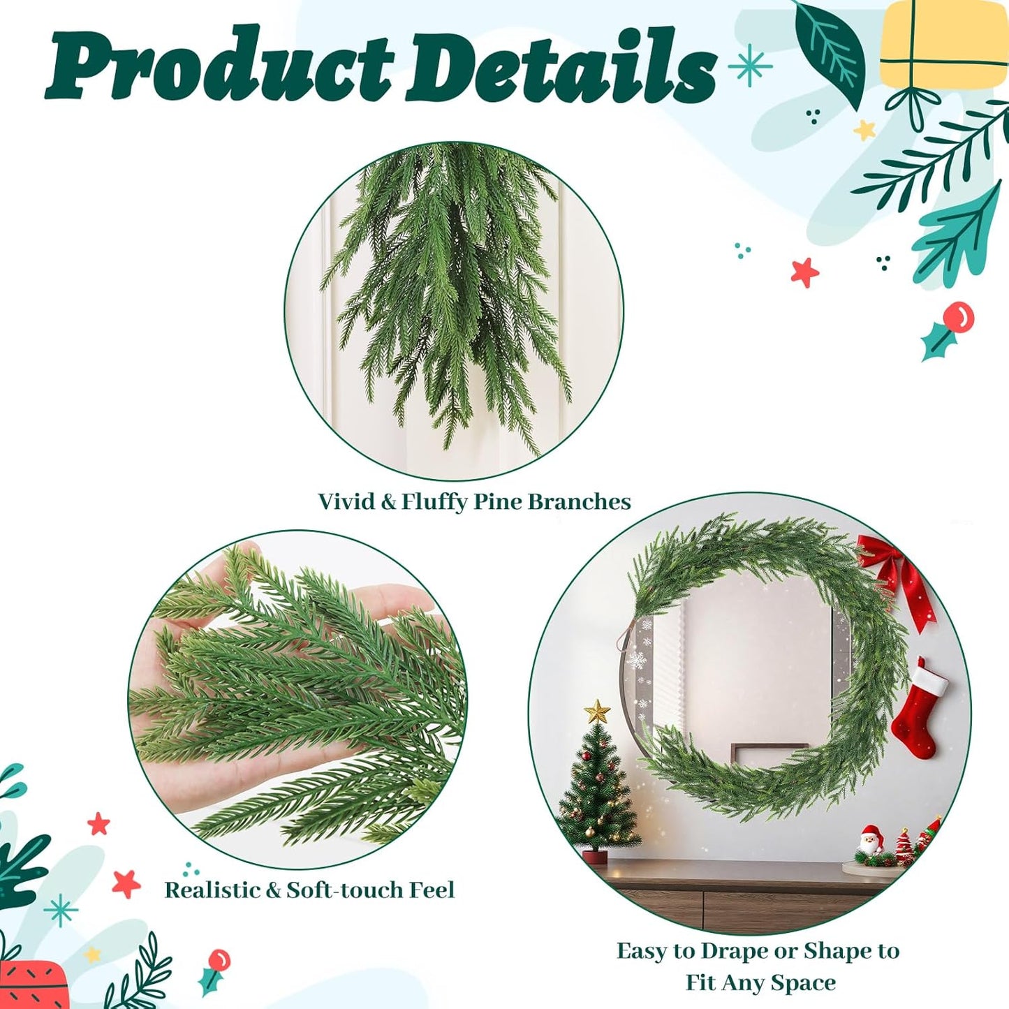 12FT(2 * 6FT) Christmas Norfolk Pine Garland, Real Touch Faux Green Garlands, Winter Artificial Greenery Garland for Mantle, Stairs, Table, Fireplace, Indoor & Outdoor Xmas Decorations