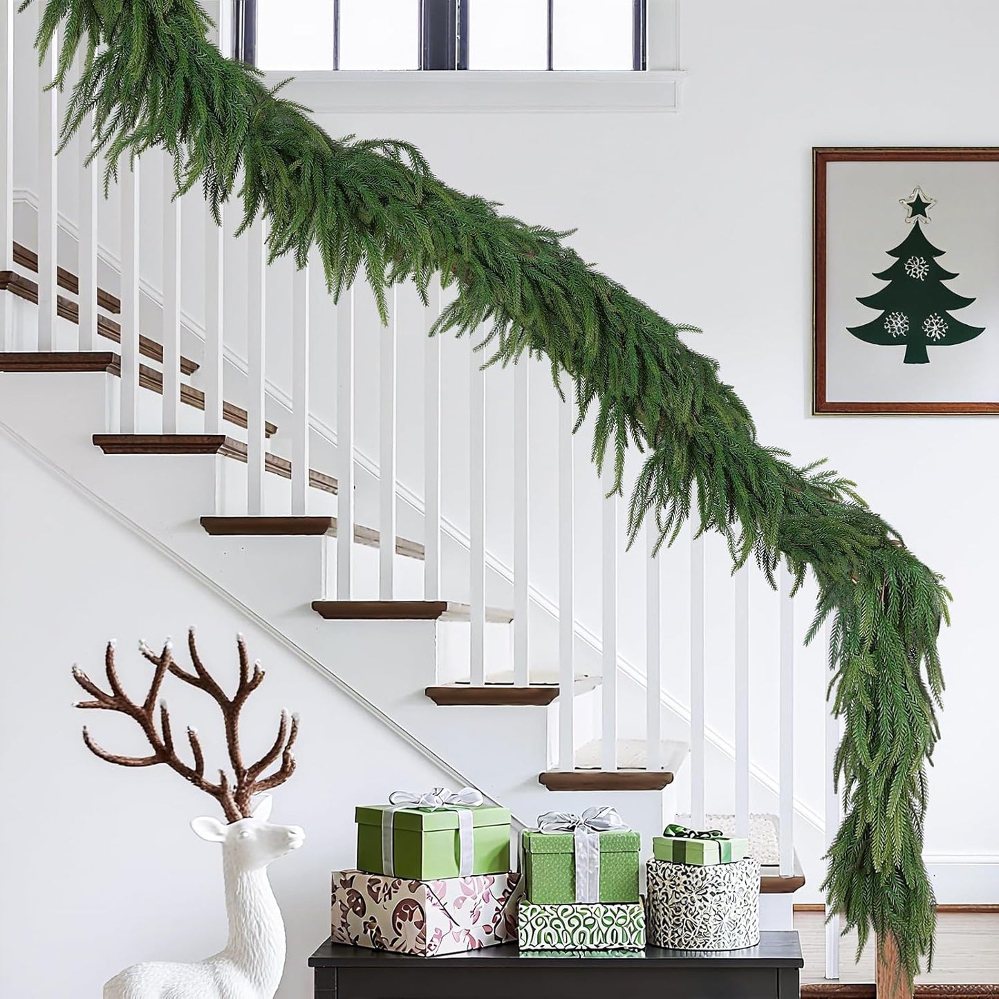 12FT(2 * 6FT) Christmas Norfolk Pine Garland, Real Touch Faux Green Garlands, Winter Artificial Greenery Garland for Mantle, Stairs, Table, Fireplace, Indoor & Outdoor Xmas Decorations
