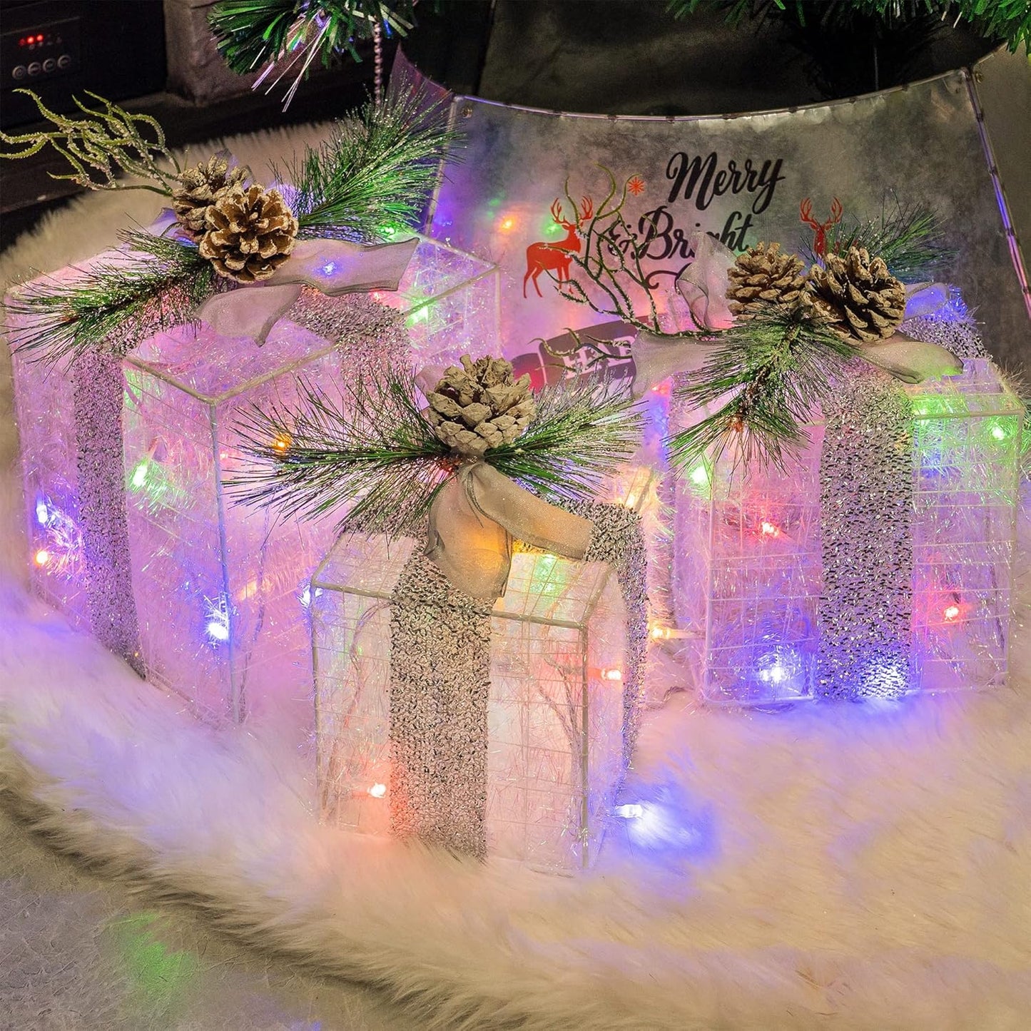 Hourleey Set of 3 Christmas Lighted Gift Boxes, Pre-lit 60 LED Light Up Present Boxes Ornament Outdoor Warm White Tinsel Boxes Decoration for Indoor Christmas Home Yard Lawn Decor