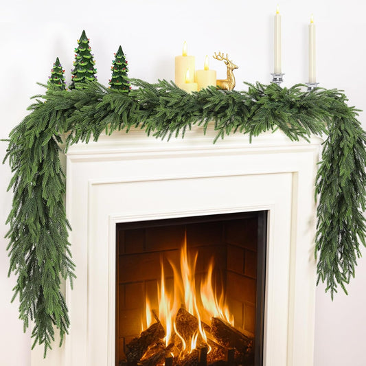 12FT（2 * 6FT） Christmas Norfolk Pine Garland, Real Touch Faux Green Garlands, Winter Artificial Greenery Garland for Mantle, Stairs, Table, Fireplace, Indoor & Outdoor Xmas Decorations